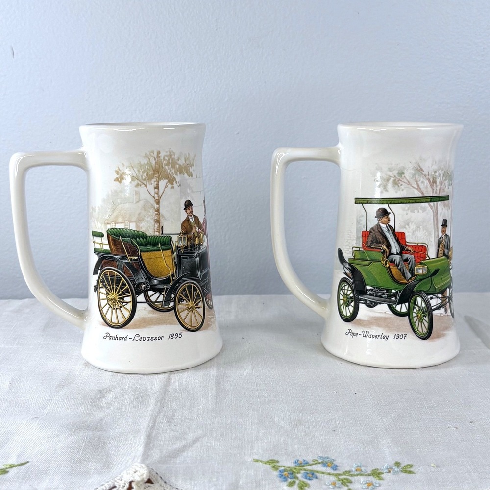 Vintage McCoy Pottery Antique Car Beer‎ Steins Set of 2 Panhard Pope-Waverley